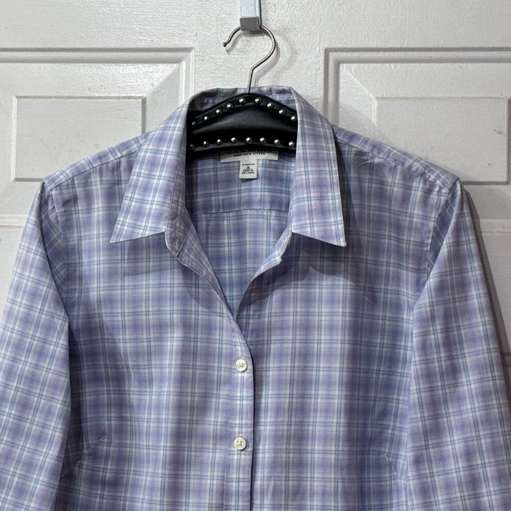 Banana Republic No-Iron Fitted Sz 14 Blouse Shirt Long Sleeve Light Purple Check - Picture 2 of 10